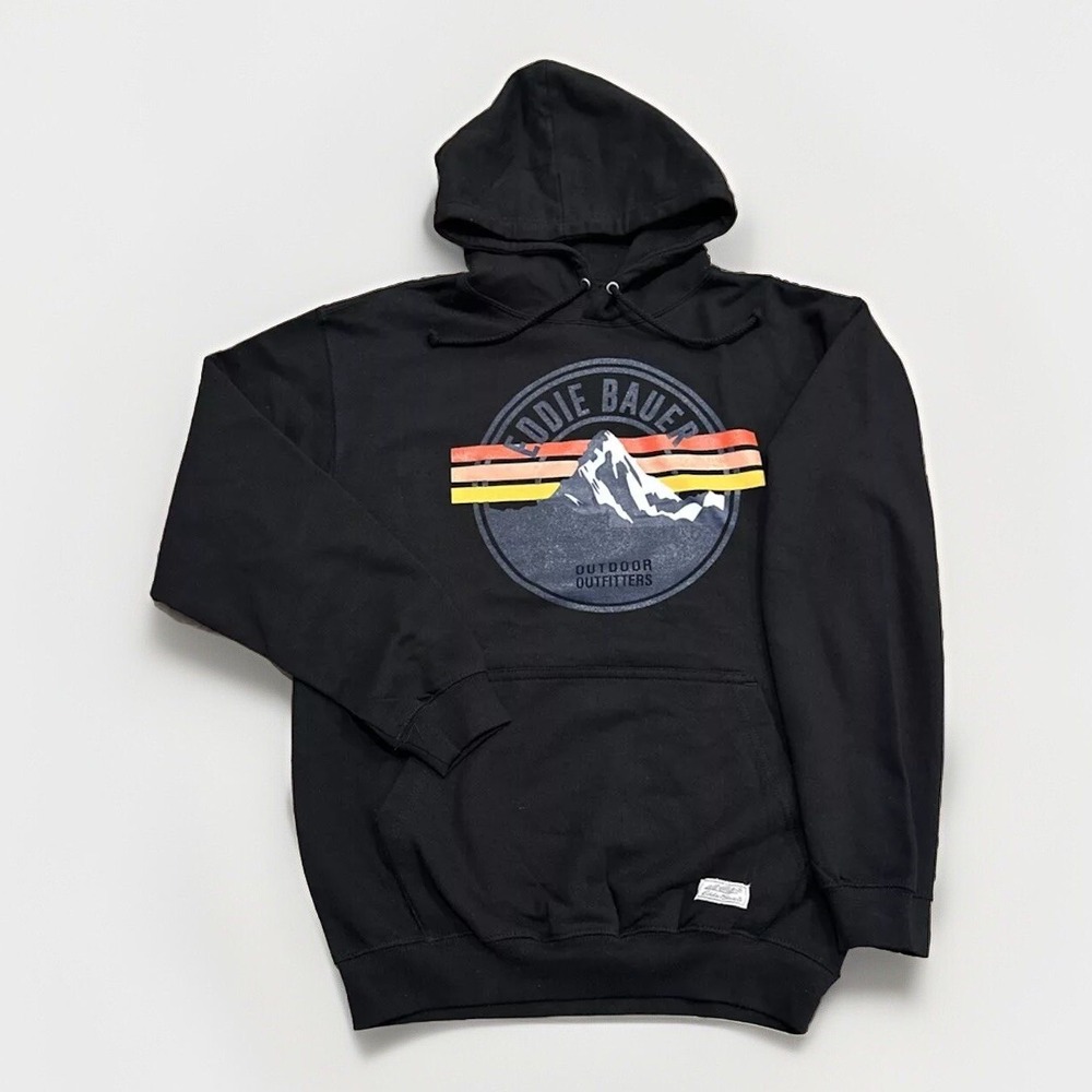 Eddie Bauer Hoodie Mens Medium Heavyweight Workwear Black Graphic Print